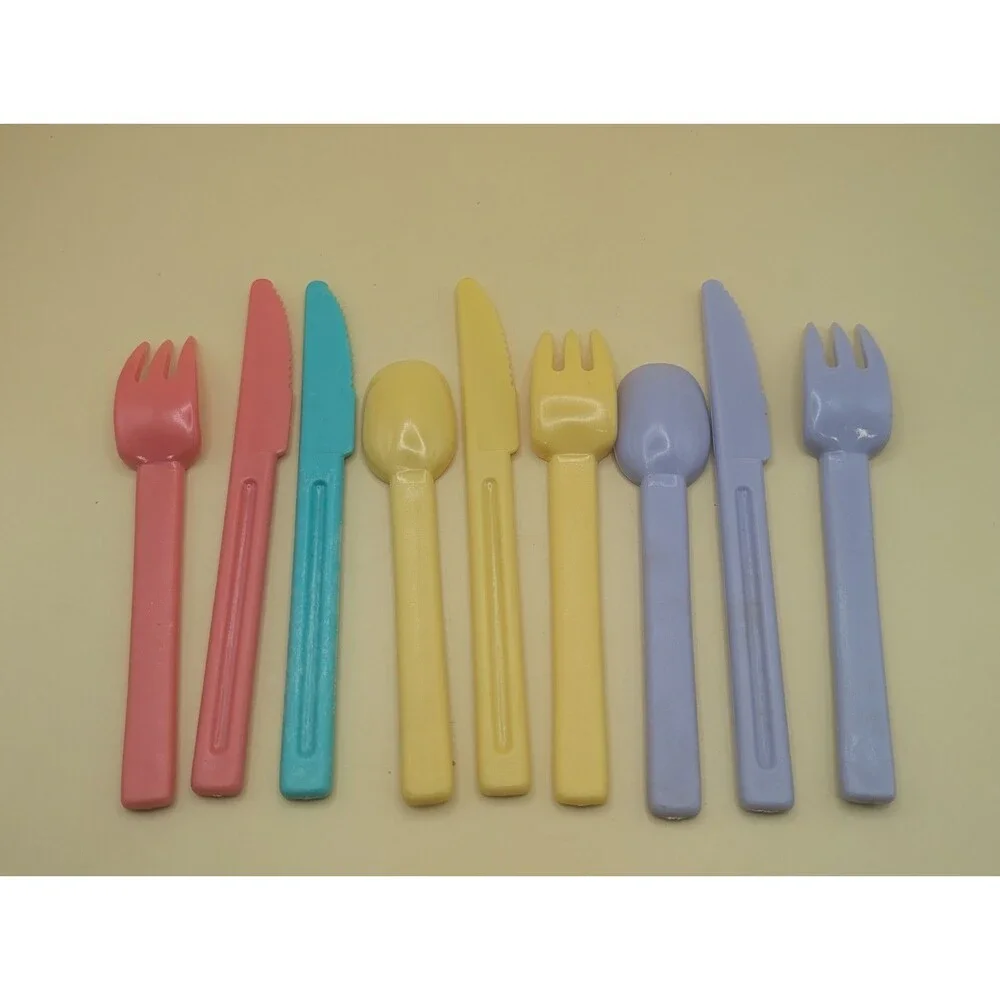 9 Vintage 70's Retro Pastel Plastic Picnic Cutlery Flatware Rare Yellow Purple
